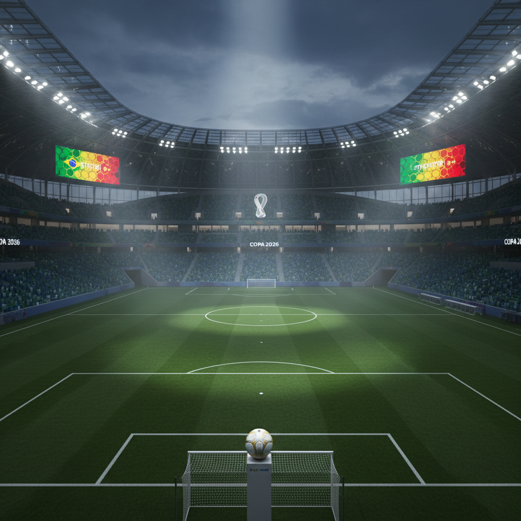 Estádio com torcida durante jogo da cristiano ronaldo copa 2026 ao entardecer