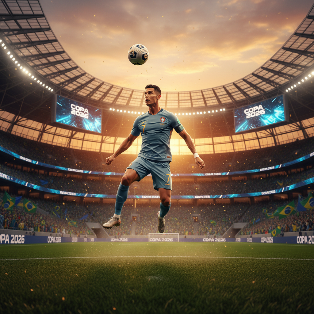 Campo de futebol com jogadores em ação na última copa cristiano ronaldo